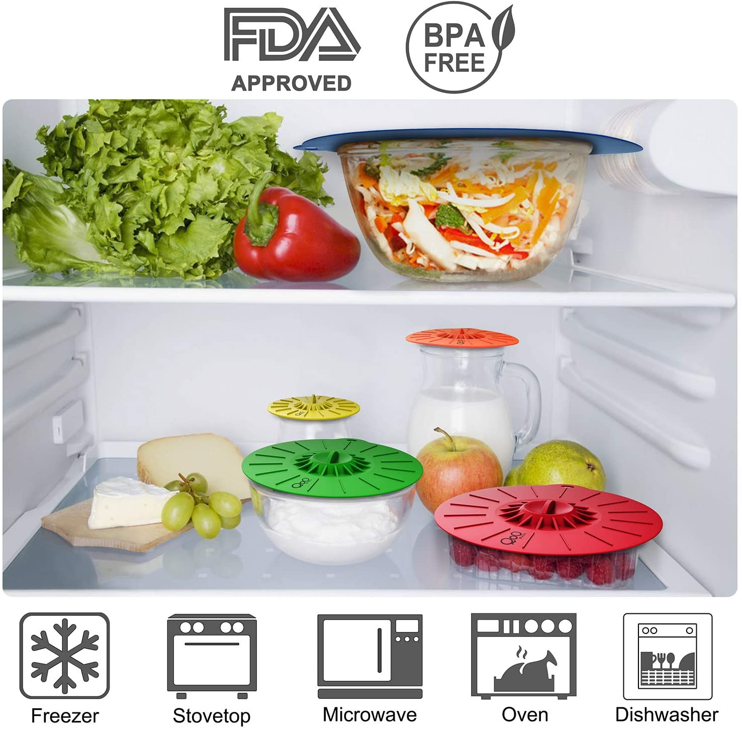 Silicone Suction Lids - Set of 5 Microwave Safe BPA Free Mugs Pots Bowls Lids